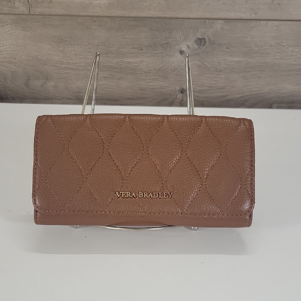 Vera Bradley Quilted Tan/Brown Leather Wallet with Gold Logo